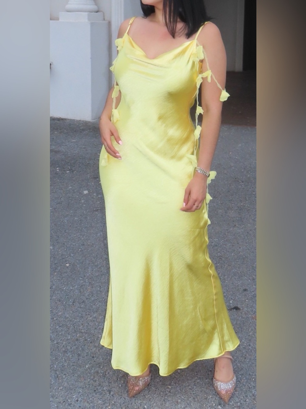 Fashion Nova Yellow Satin Maxi Dress with Side Floral Ties